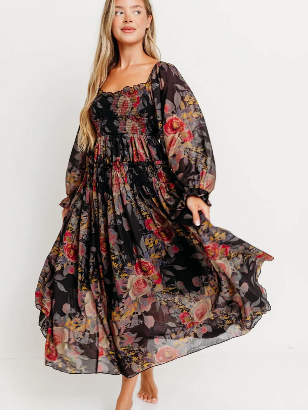 Floral Smocked Waist Long Sleeve Maxi Dress — Black Floral - Picture 2 of 2